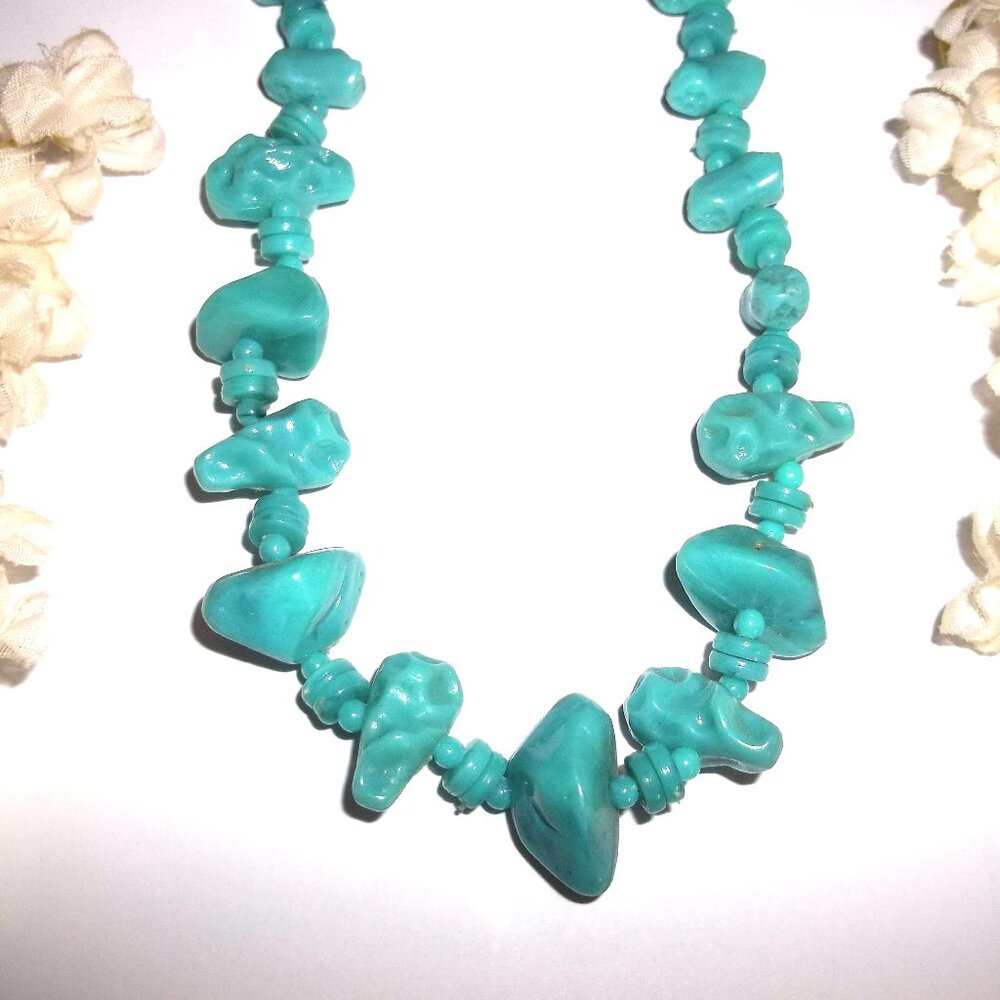 Turquoise Beaded Necklace Fashion Accessory Statement Jewelry 25" Vintage D331